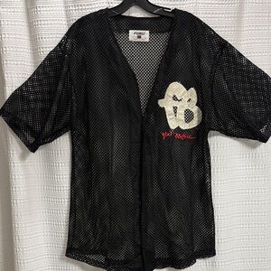 FUBU VTG 2005 Black Mesh Logo Baseball Jersey Hip hop grunge sheer Shacket SZ L